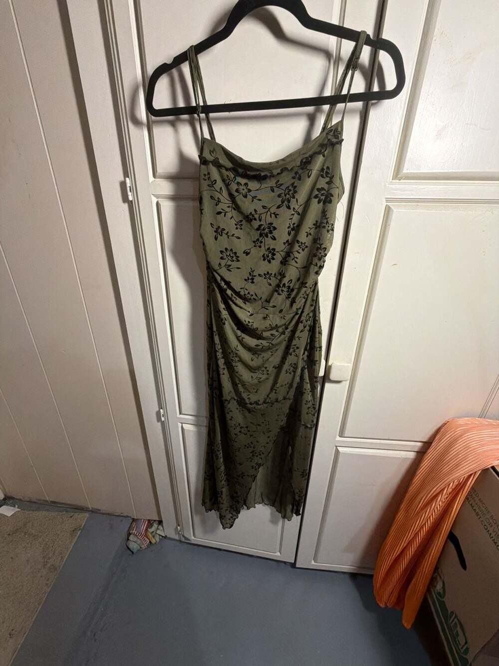 SHEIN MOD Olive Green Floral Print Mesh Cami Midi Dress